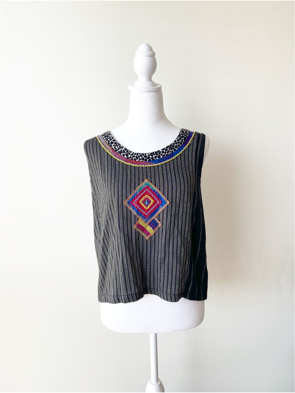Vintage Faith Embroidered & Beaded Black Striped Top Size M